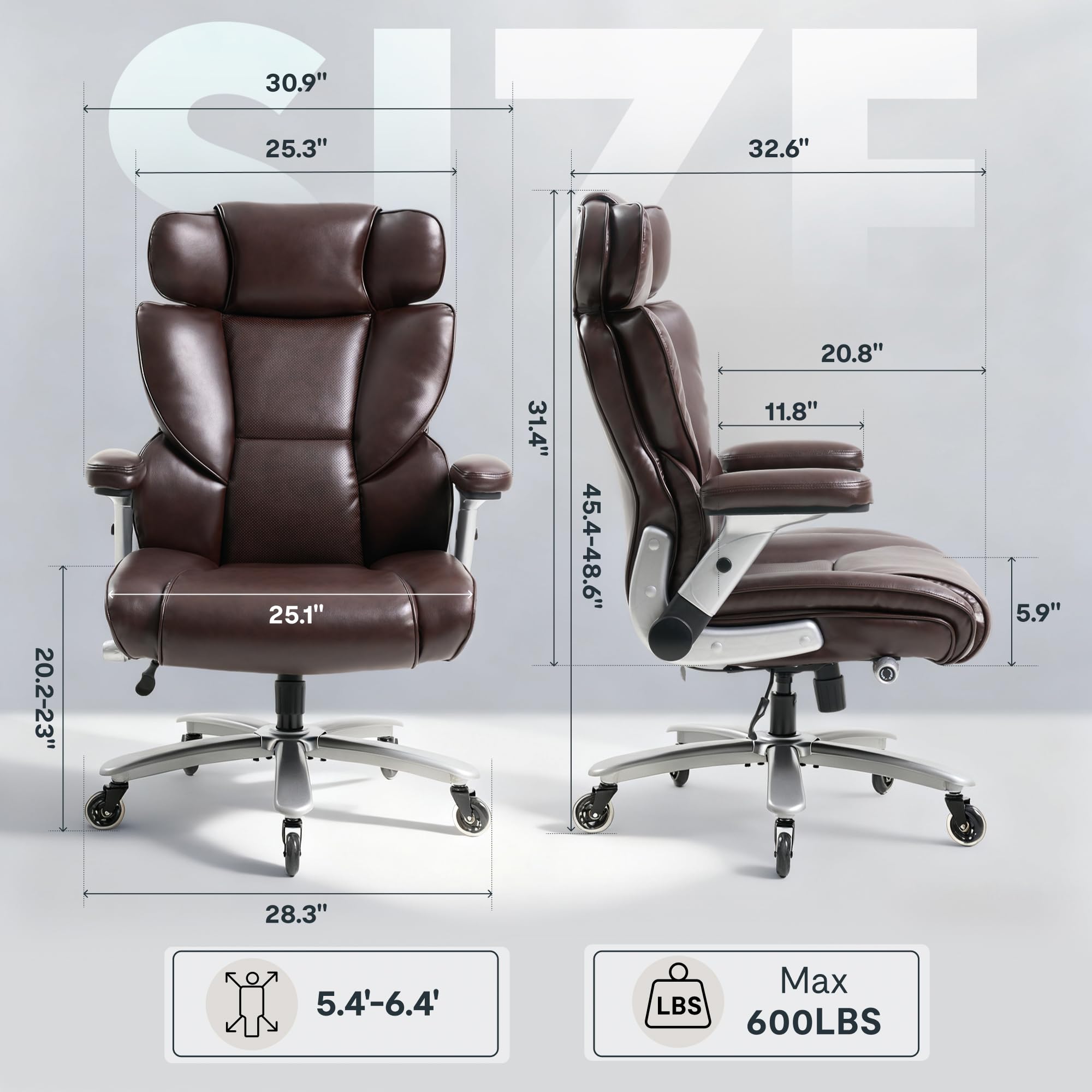 FLEXISPOT 600lbs Big and Tall Office Chair for Heavy People, Heavy Duty Computer Desk Chair with Dynamic Lumbar Support 2D Armrest Blade Wheels, Chairs for Home Office Gaming Working, Leather, Brown