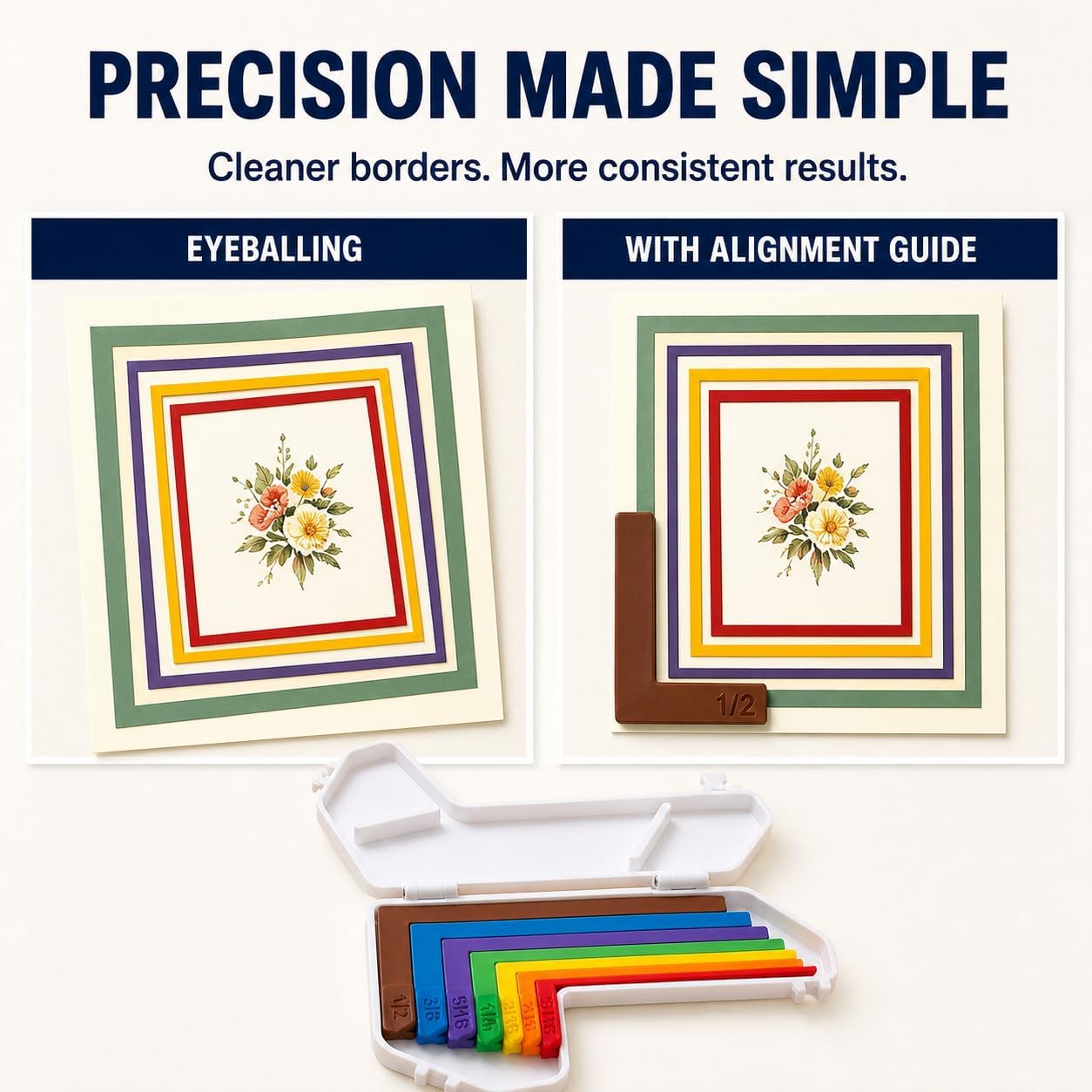Paper Crafting Alignment Guide Set with Storage Case,7-Color Coded Layering and Matting Spacers for Card Making and Scrapbooking, 1/16 to 1/2 Inch Precision Alignment Tools