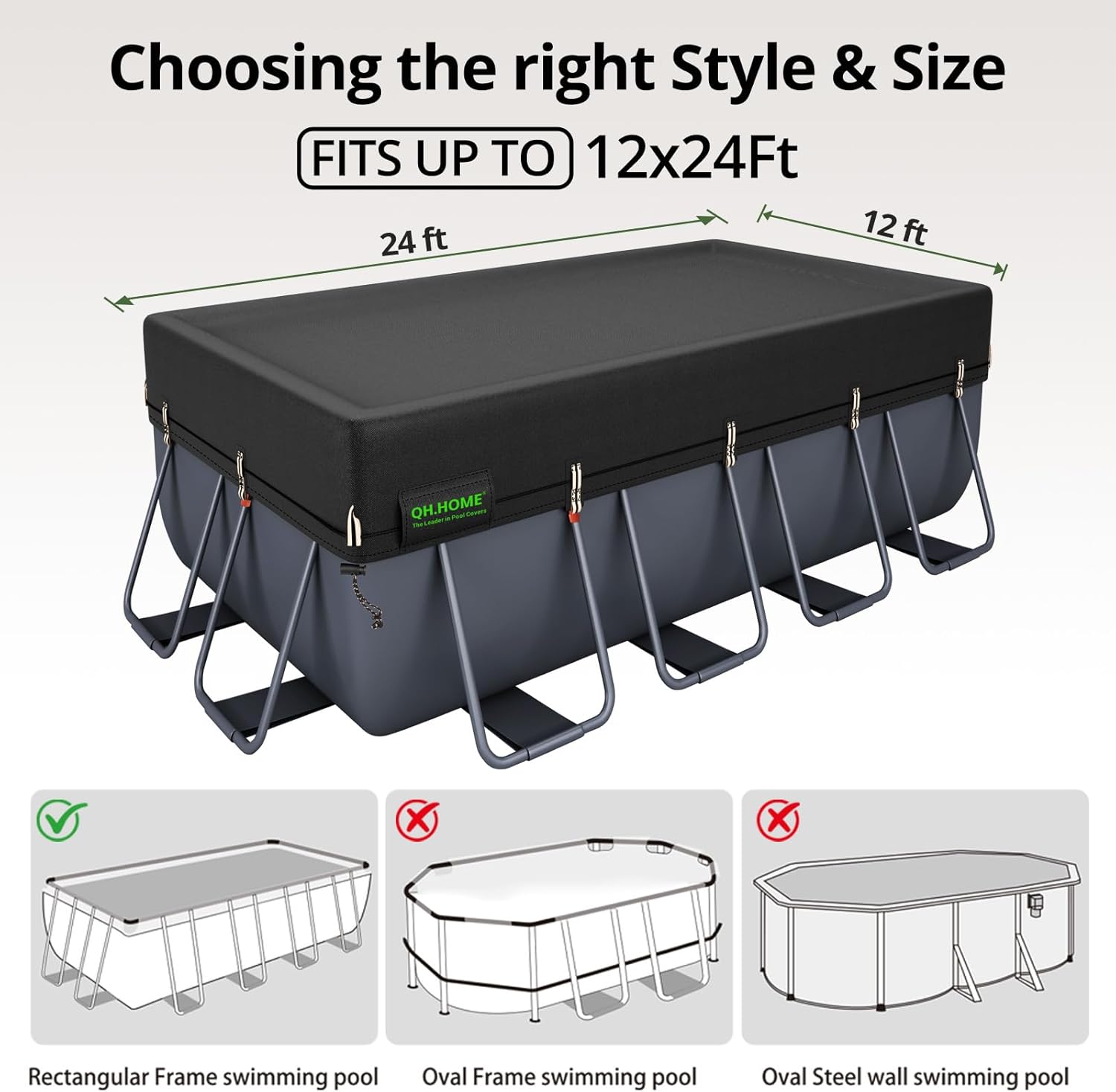 QH.HOME 550D 12x24 FT Rectangular Pool Cover[Upgraded Tear Resistant&Quadruple Windproor] wth Pre-Installed Patented Winch and Velcro, Solar Cover for Above Ground Pool-Snug Fit&Waterproof Protection
