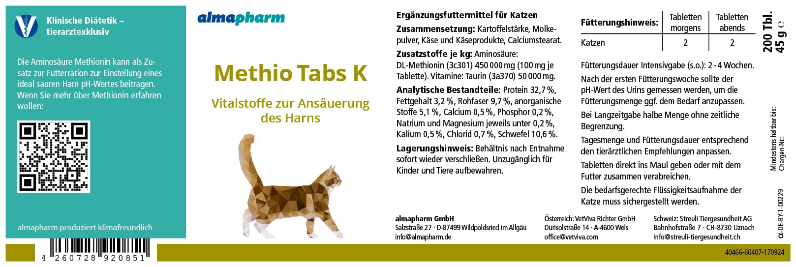Almapharm Methio Tabs K | 200 Tabletten | Ergänzungsfuttermittel für Katzen | Vitalstoffe zur Ansäuerung des Harns | Zur Unterstützung bei Harnwegsproblemen | Mit Methionin