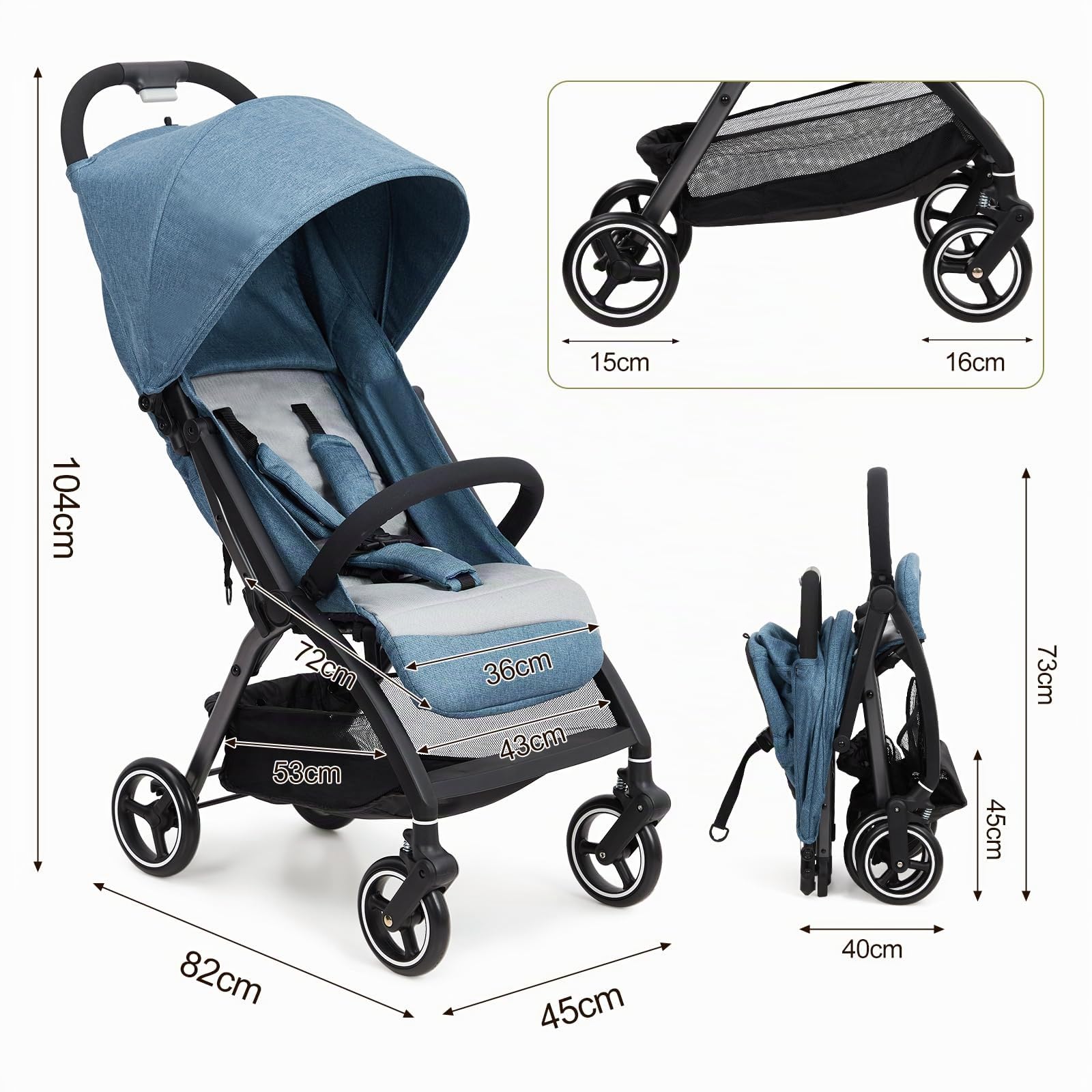 GarveeHome Cochecito de bebé plegable - Respaldo regulable hasta 175° - Ruedas EVA con amortiguación - Hasta 22 kg - Arnés de 5 puntos - Cesta de almacenaje grande - baby stroller para todo terreno