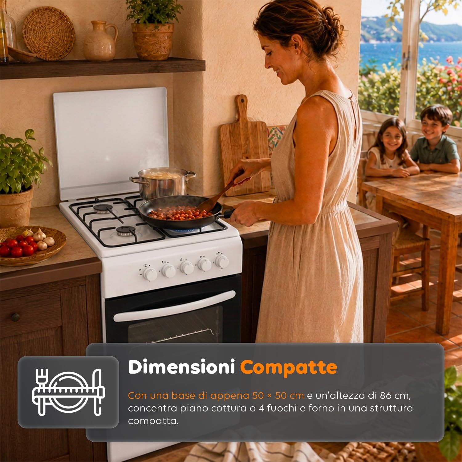 Cocina de gas de 50 x 50 cm con horno de gas de 49 litros y 4 fuegos de diferente potencia, cocina a gas libre instalación con válvulas de seguridad, tapa y parrillas esmaltadas (blanco)
