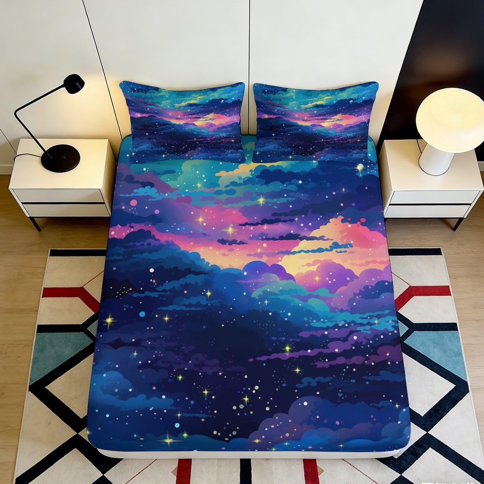 Uynsixtme Style-8 3D Printed Galaxy Fitted Sheet Microfiber Deep Pocket Non-Slip Bedroom Bedding Celestial Mattress Fitted Cover Washable For All Ages 140X200x25cm
