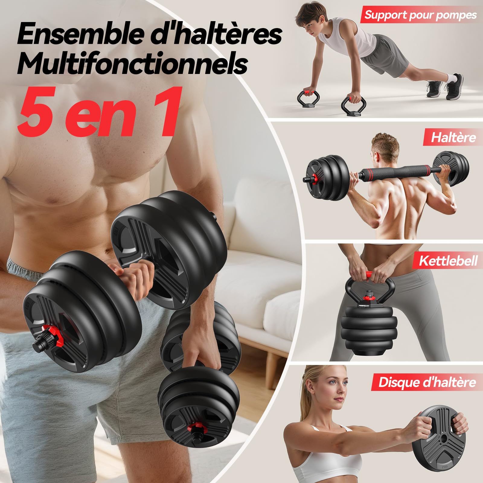 FEIERDUN 10/15/20/25/30/40kg 5 En 1 Kit Haltères Musculation, Poids Réglable, Disque Musculation Dumbbells Barres Pour La Salle De Sport