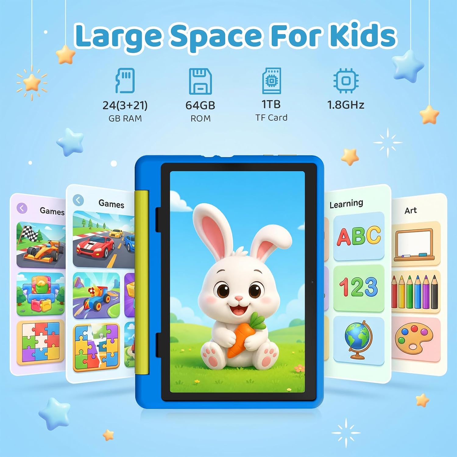 Gleeso Android 16 Kids Tablet 10.1 Inch for Toddler, 24GB RAM 64GB ROM 1TB Expand, 6000mAh Battery, Parental Control, UKIDOZ Kids Space, Widevine L1, BT5.4, Dual Camera Tablet with Case-Blue