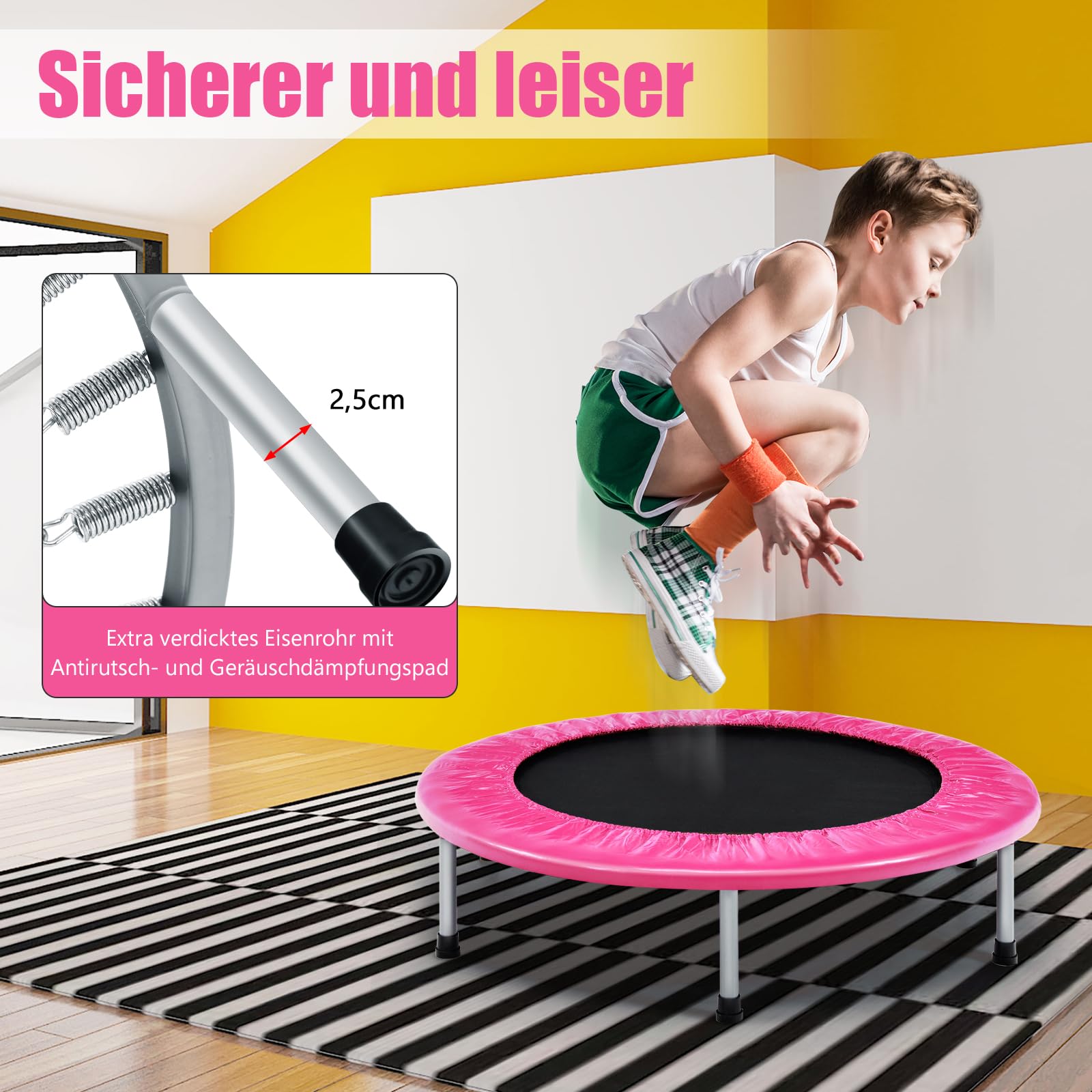GOPLUS Składana trampolina dla dzieci, ze stali, udźwig do 150 kg, składana trampolina z antypoślizgowymi nóżkami, do fitnessu, utraty wagi, do użytku wewnątrz (różowa)