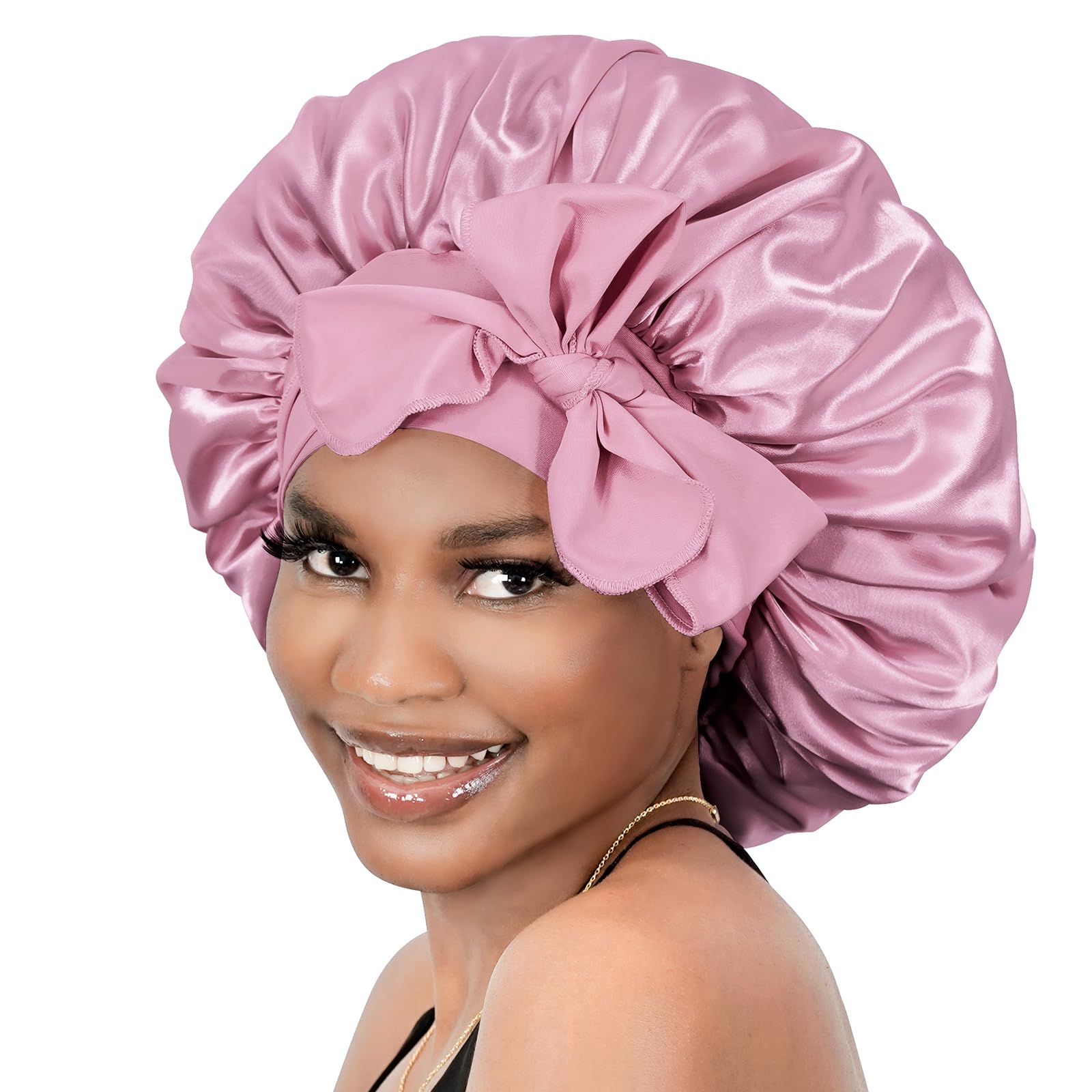 BONNET QUEENSatin Hair Bonnet for Sleeping Silk Head Cover with Tie Band Hair Wrap Silk Sleep Cap for Curly Long Braid Tresse, Light Rose Gold