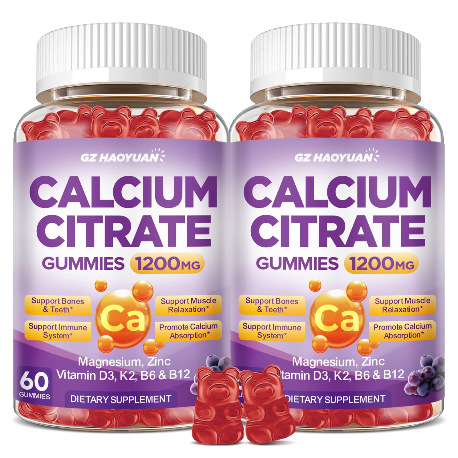 Calcium Citrate Gummies - 1200mg Calcium Gummies Supplements for Women & Men with Vitamin D3, K2, Magnesium, Zinc High Absorption for Muscle & Immune Support, Grape Flavor, 120 Count Grape 60 Count (Pack of 2)