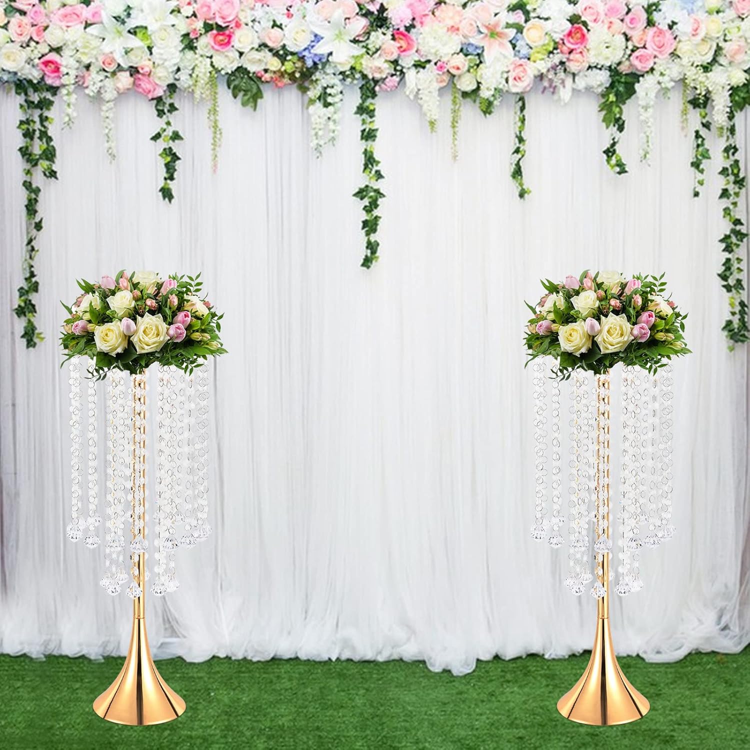 Flower Stand Gold 21.9inch 2Pcs, Flower Vase Crystal Flower Stand Wedding Centerpieces, Round Flower Stand Pedestal Stand for Wedding Birthday Party Decoration (21.9inch Gold 2PCS)