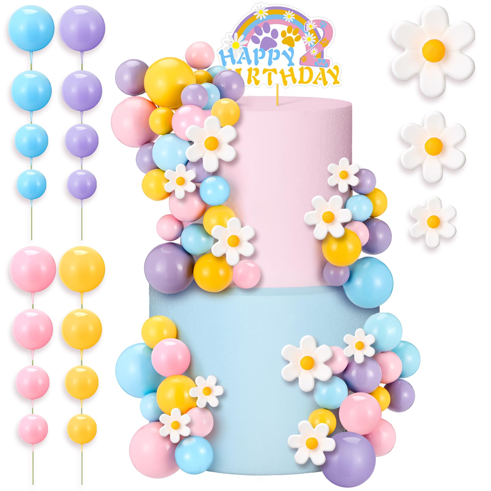 Threehoney 63 piezas de adornos azules para tartas de perro con bolas, palillos para tartas y flores para decoración de cumpleaños, insertos de magdalenas en colores pastel, suministros de fiesta de
