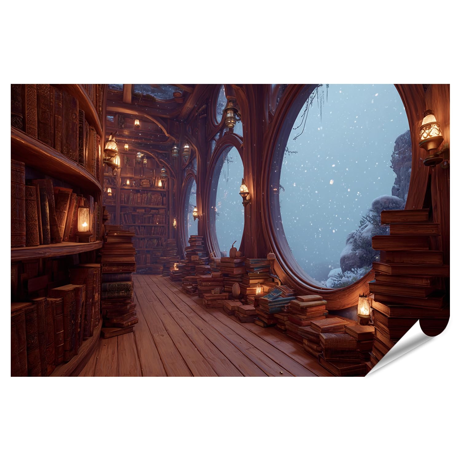 islandburner Poster de qualité supérieure - Bibliothèque confortable avec vue magnifique et lumière chaude - Grand format