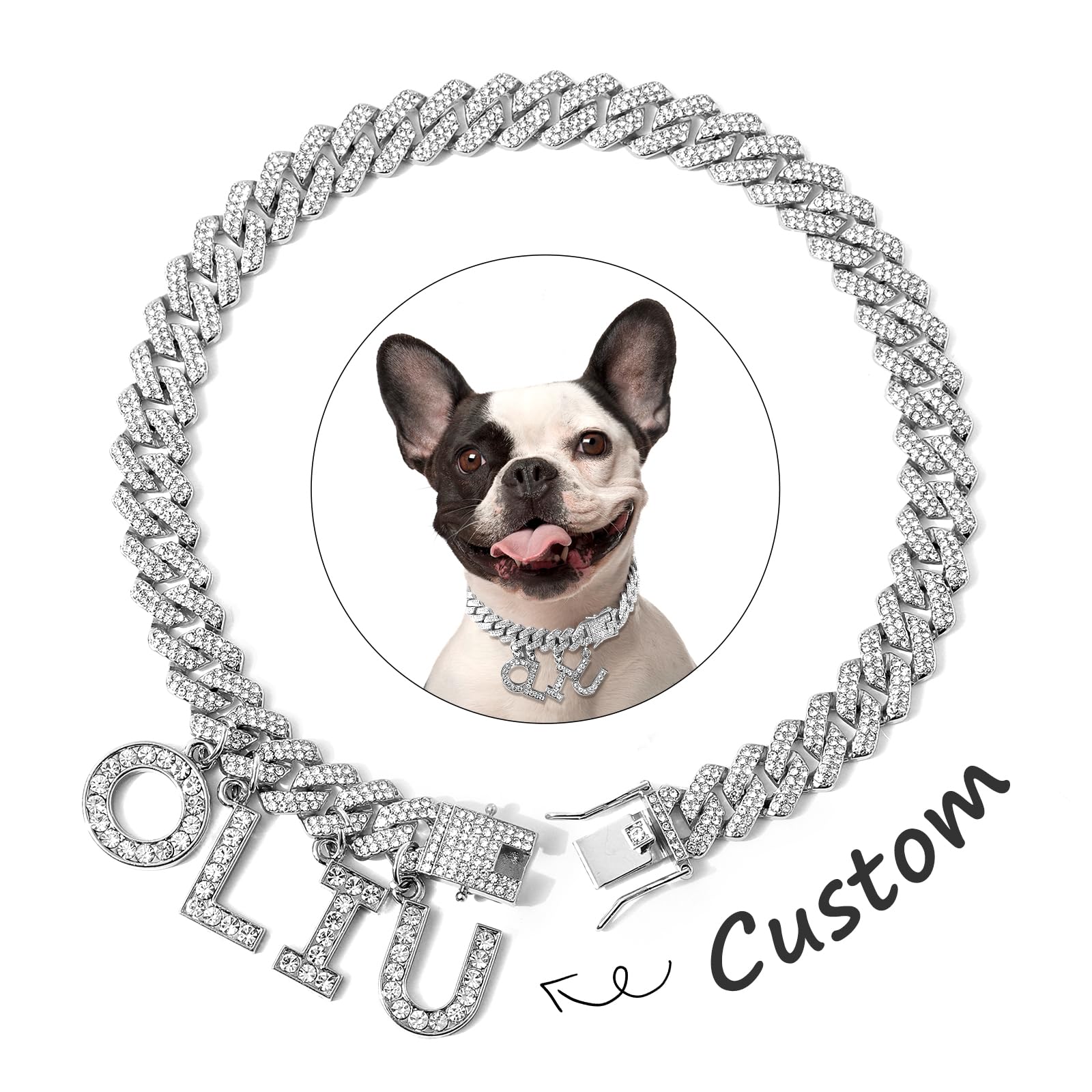 MUMUPET Custom Dog Collar Chain Golden Diamond Name Letters Cuban Style Collar Jewelry Secure Buckle Small Medium Dog Accessories