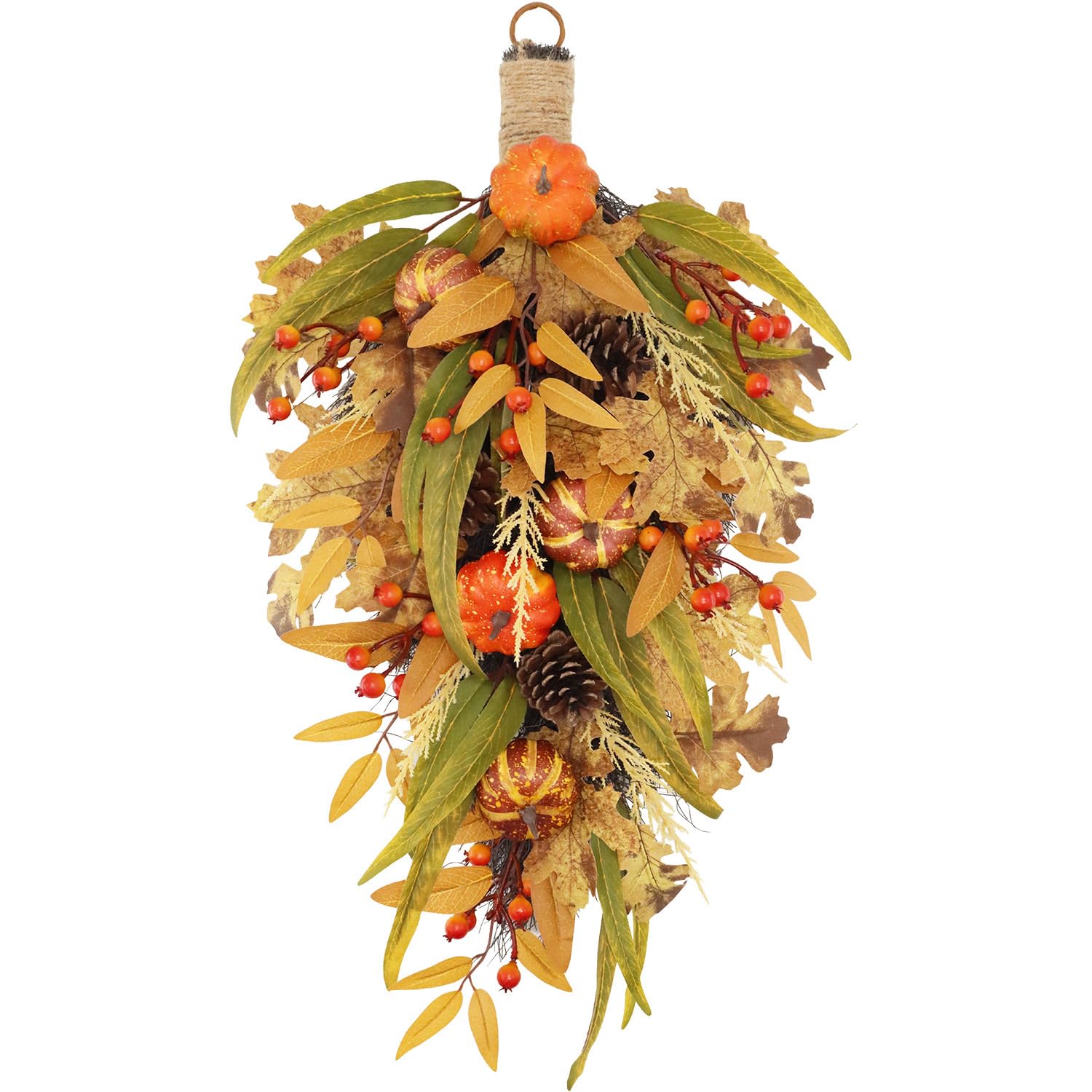Ccuuhj Orange Artificial Fall Teardrop Swag, 70Cm Autumn Hanging Wreath With Pumpkins, Berries, Pine Cones And Maple Leaves, Thanksgiving Front Door Decor