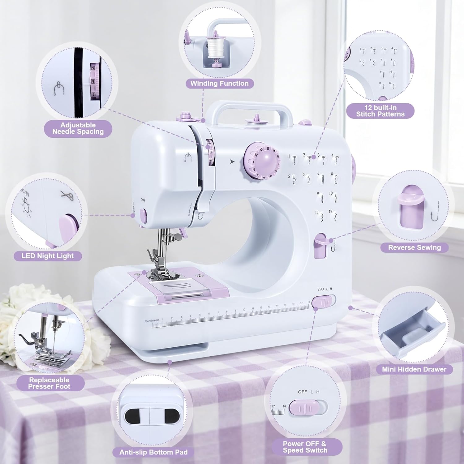 Portable Sewing Machine for Beginners, 12 Built-in Stitches Mini Sewing Machine with dust cover, Foot Pedal & Dual Speed, for Accessories Kit for Home DIY Projects & Gift, ldeal forAdults beginners