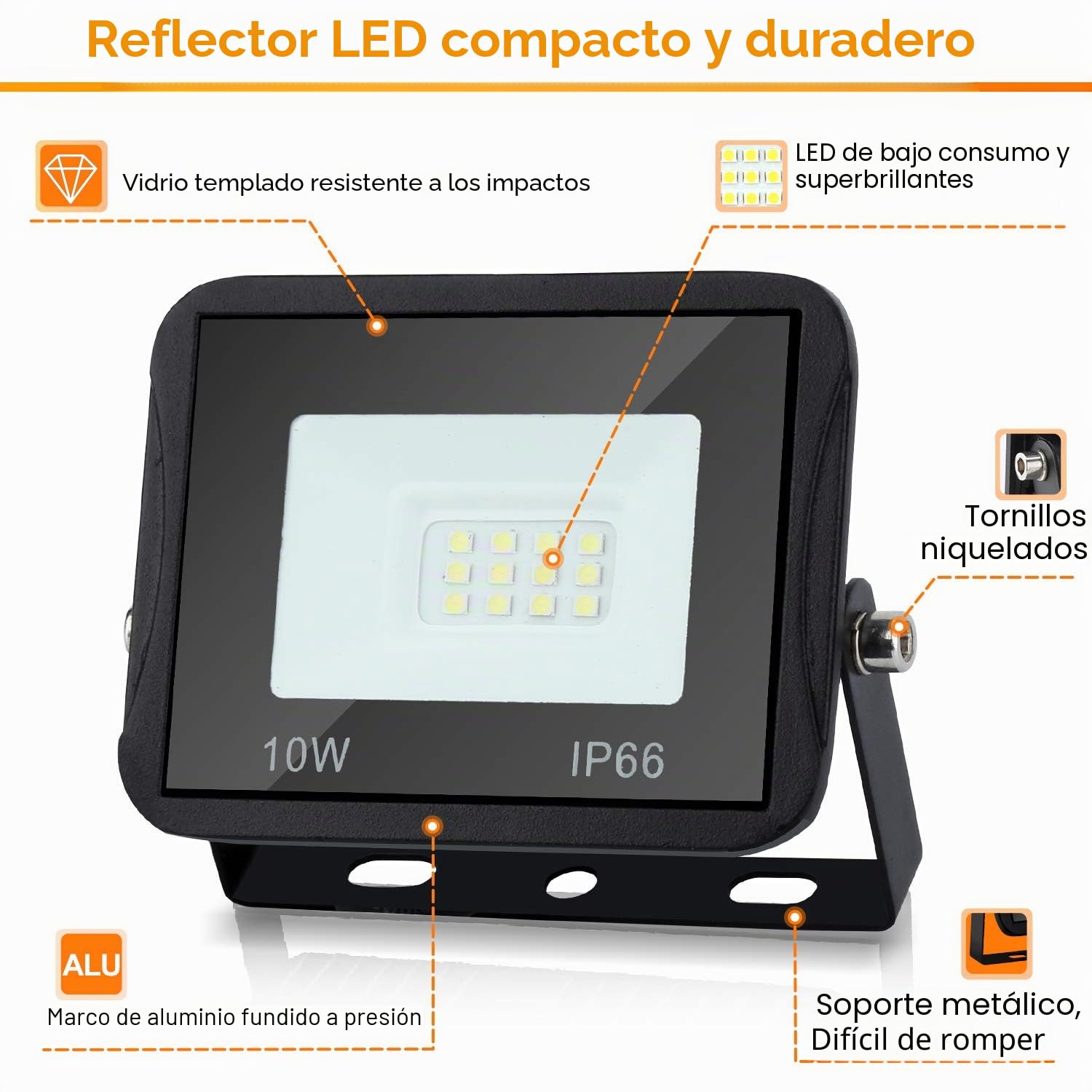 Lospitch Foco para Exteriores, 10 Piezas 10W Blanco Cálido 3000K Spotlight LED 900LM Súper Brillante, Impermeable IP66 Floodlight para Jardín, Pasillo, Garaje (Sin Enchufe)