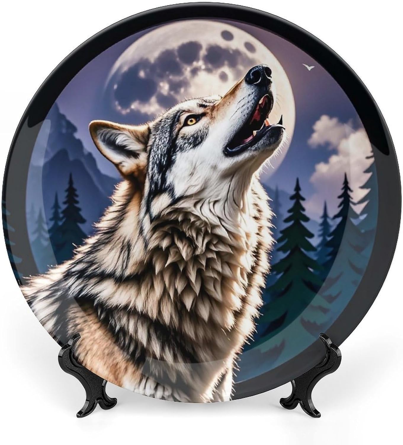 Wolves Ceramic Plate 10inch Decorative Bone China Wall Hanging Ornament Plates Bohemian Style Dinner Plate with Display Stand Cabinet Display Plates for Home Art Decor