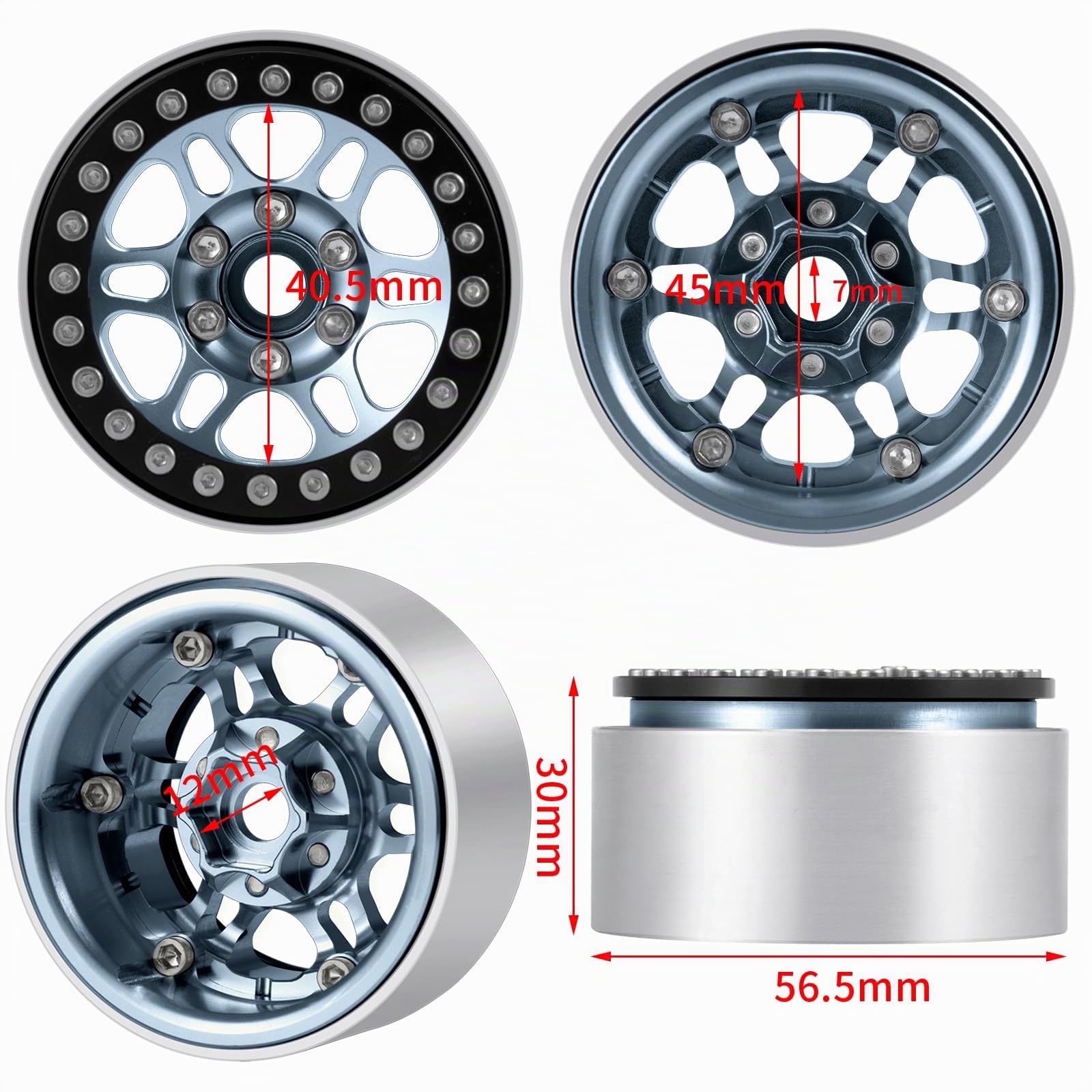 Runup 4 Stück Aluminiumlegierung 1.9 Beadlock Felgennabe für 1/10 RC Crawler Auto Axial SCX10 90046 AXI03007 D90 Wraith TRX6 TRX4 Upgrade-Teile (Titan&schwarz)