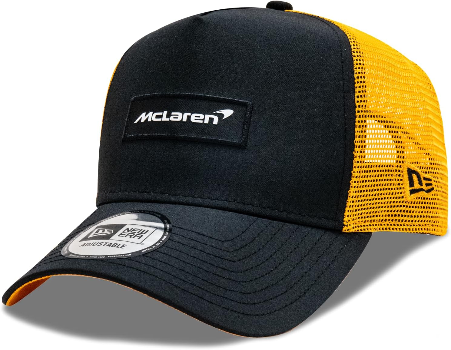 New Era Men's Truck Mclaren Automotive Patch Front Trucker Baseball Cap Black, BLACK, osz
