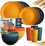 Teivio 16-Piece Plastic Wheat Straw Dinnerware Set for 4, Dinner Plates, Dessert Plate, Cereal Bowls, Cups, Unbreakable Plastic Dinner Set Outdoor Camping Dishes, Black Vaisselle Cuisine