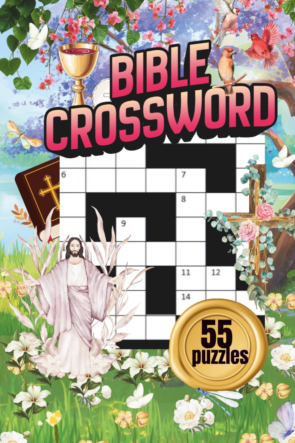 BIBLE CROSSWORD|55 PUZZLES, 6x9"| BEAUTIFUL FRONT& BACK COVER|LARGE PRINT| RELIGIOUS THEMED PUZZLE BOOK |110 PAGES: SOLUTIONS INCLUDED: PERFECT FOR ... GIFT, FAITH (Spiritual & Reflective Wellness)