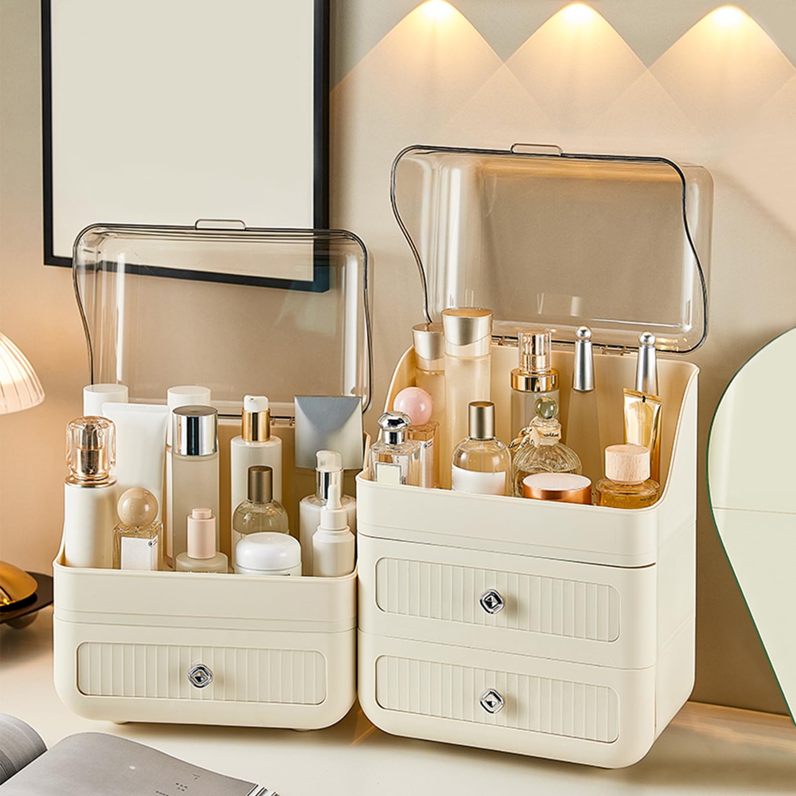 Galatée Creme-Stil Tragbare Make Up Organizer mehrschichtig Kosmetikbox Kosmetische Aufbewahrungs Box Mit Staubdichtem Deckel, Beauty Organizer Lippenstiftbox - Cremeweiß