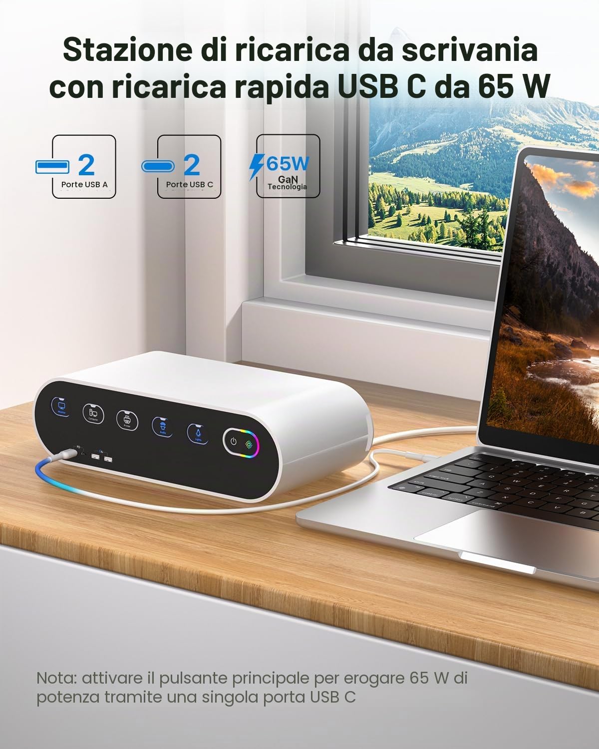 SooPii Multipresa con scatola organizer per cavi, protezione da sovratensione 5 prese con interruttori individuali, caricabatterie GaN da 65 W, prolunga da 6,6 piedi, per uso in casa e ufficio