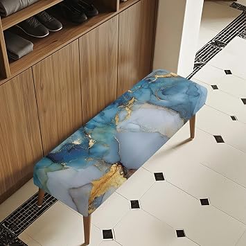 Blue Marble Print Bench Seat Cover Rectangle Non-Slip Dining Bench Protector with Elastic Band Washable Universal Cover Cushion Cover for Home Kitchen Room Yard Party