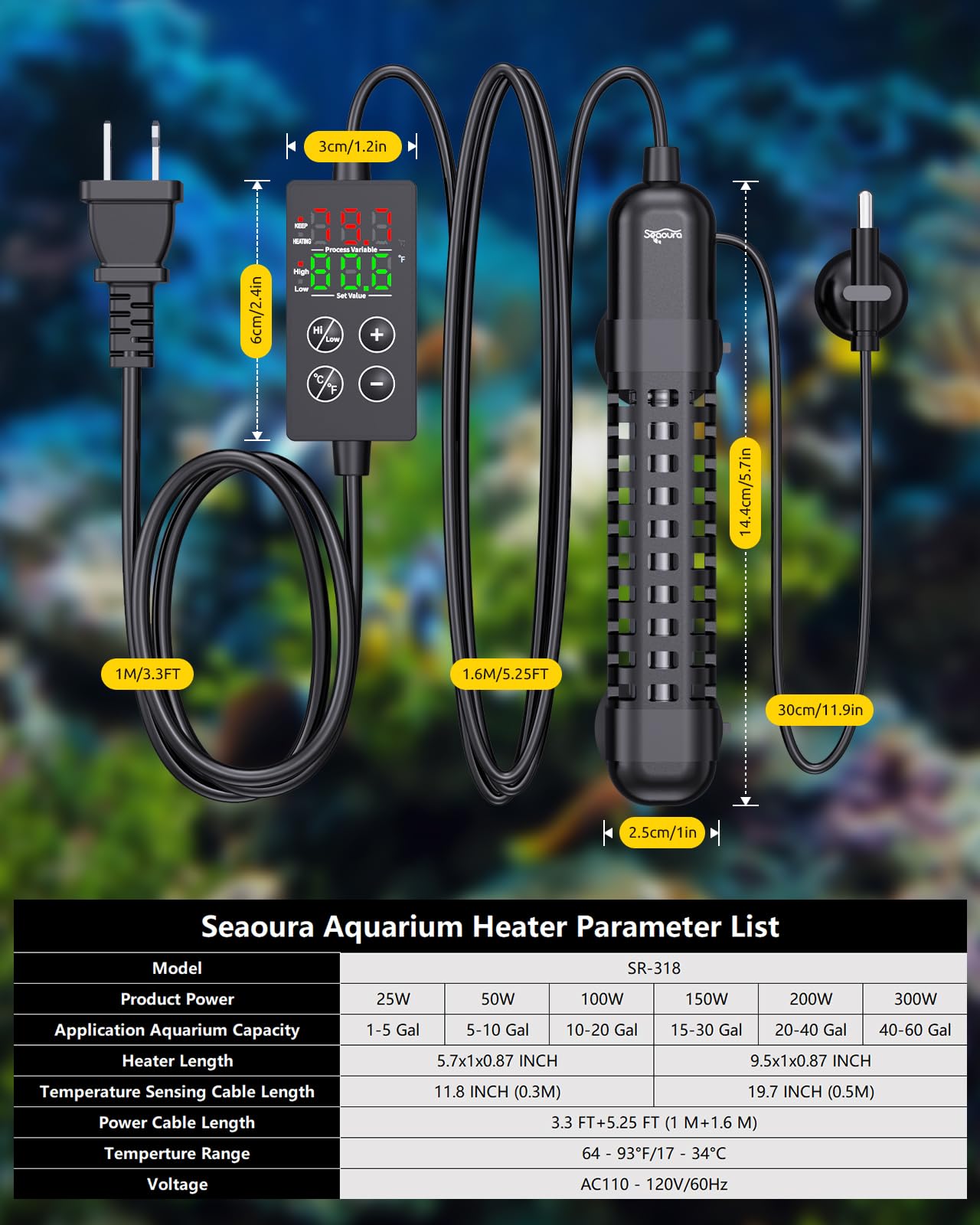 SEAOURA Calentador de acuario pequeño, calentador de tanque de peces de 100 W para 10-20 galones, calentador sumergible de tortuga con pantalla digital, protección de seguridad ajustable, apagado
