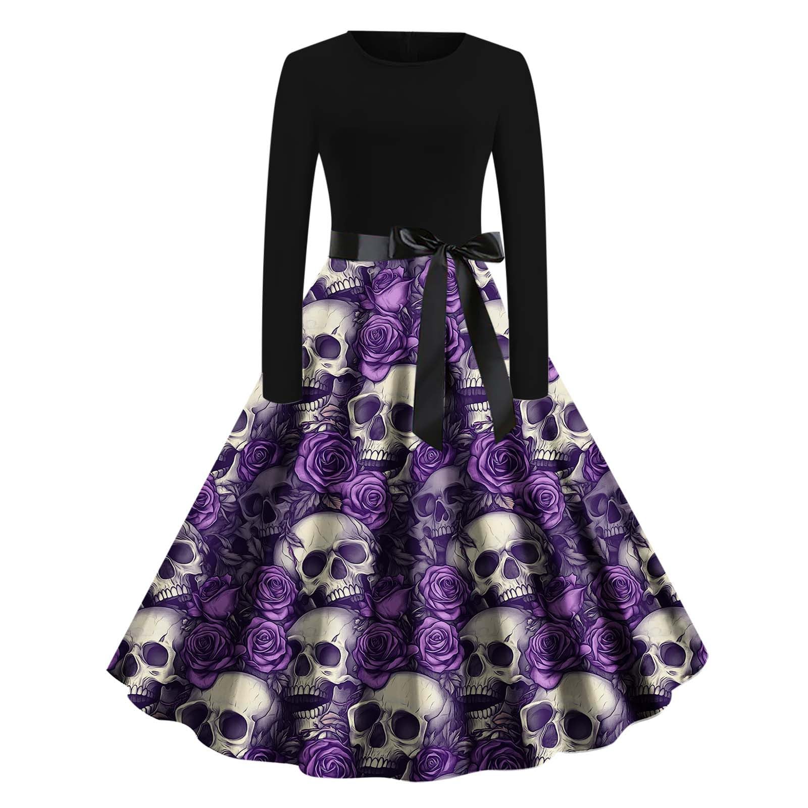 HAOLEI Halloween Costumes Adult Women, Ladies Halloween Dress Retro Pumpkin Skeleton Print Long Sleeve A Line Swing Dress Black Vintage Skull Witch Rockabilly Party Cocktail Novelty Dresses