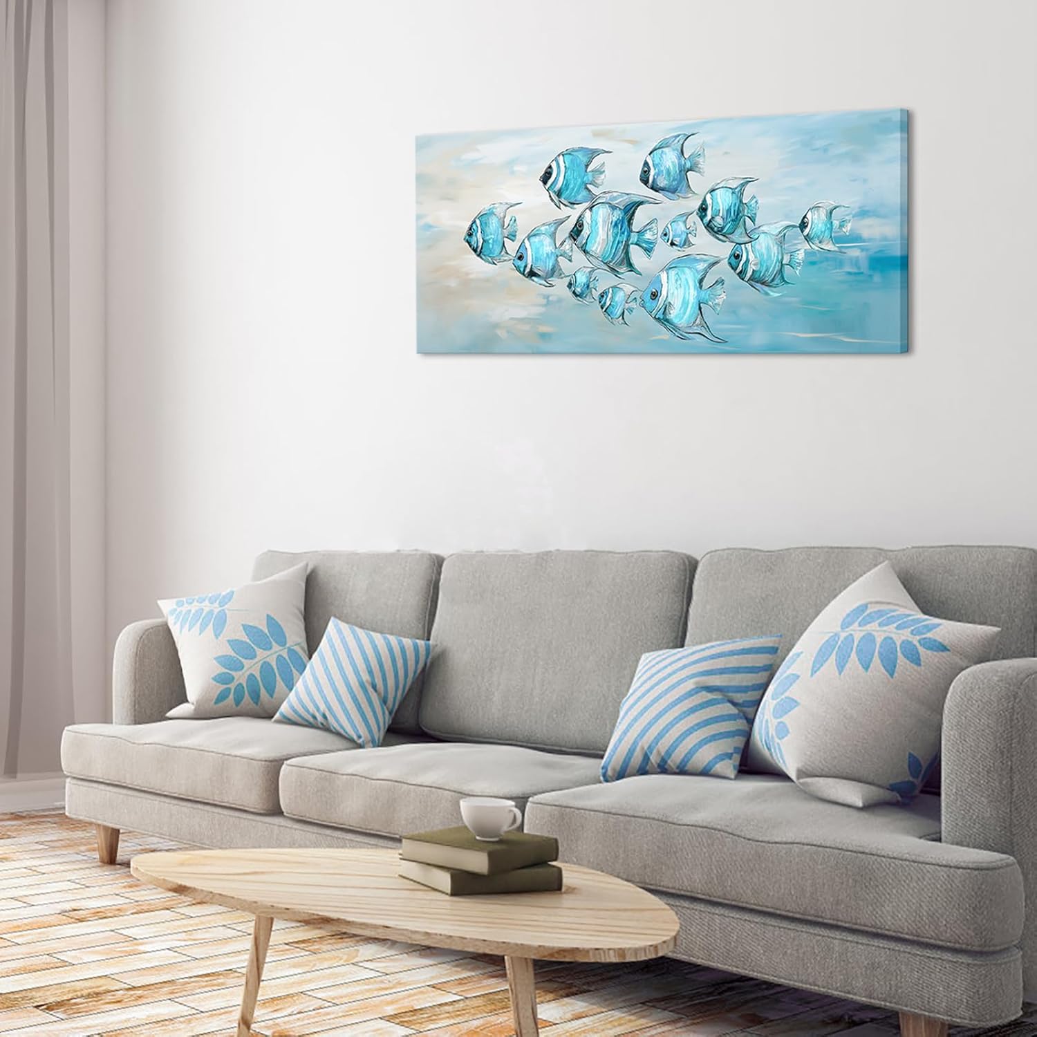 LevvArts Tropical Fish Canvas Wall Art Modern Blue Ocean Theme Artwork Large Decorative Fish Painting 20"x48"