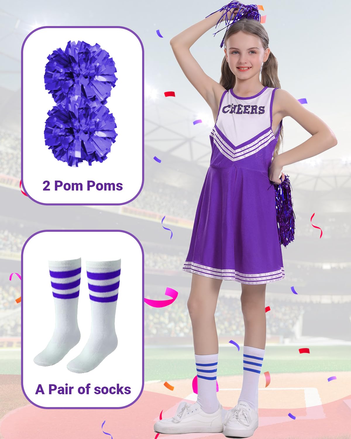 DivingBirds Cheerleader Halloween Costume Kids 5Pcs Girls Cheer Leader Costume School Cheerleading Outfits with Sock & Poms - Image 2