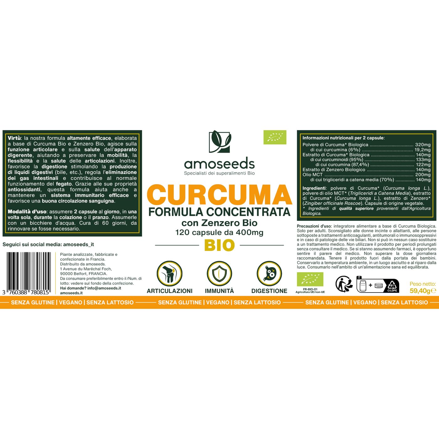 Curcuma BIO con Zenzero | Alta concentrazione, 95% di curcuminoidi | Curcumina Alto assorbimento | Riduce i dolori articolari | Senza piperina | 120 capsule | Qualità Superiore