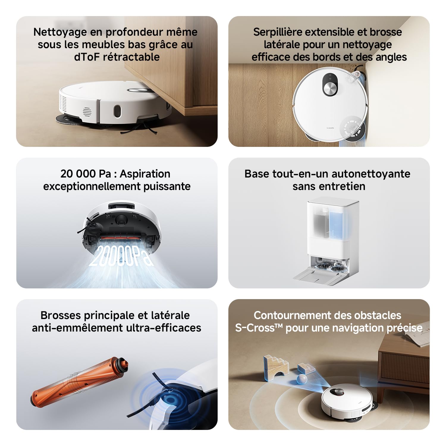 XIAOMI Robot Vacuum 5, Aspiration 20 000 Pa, AutoNettoyage à Eau Chaude 80 °C, Bras Doubles pour Coins, Navigation Laser dToF, Serpillère rétractable, Système Anti-emmêlement.