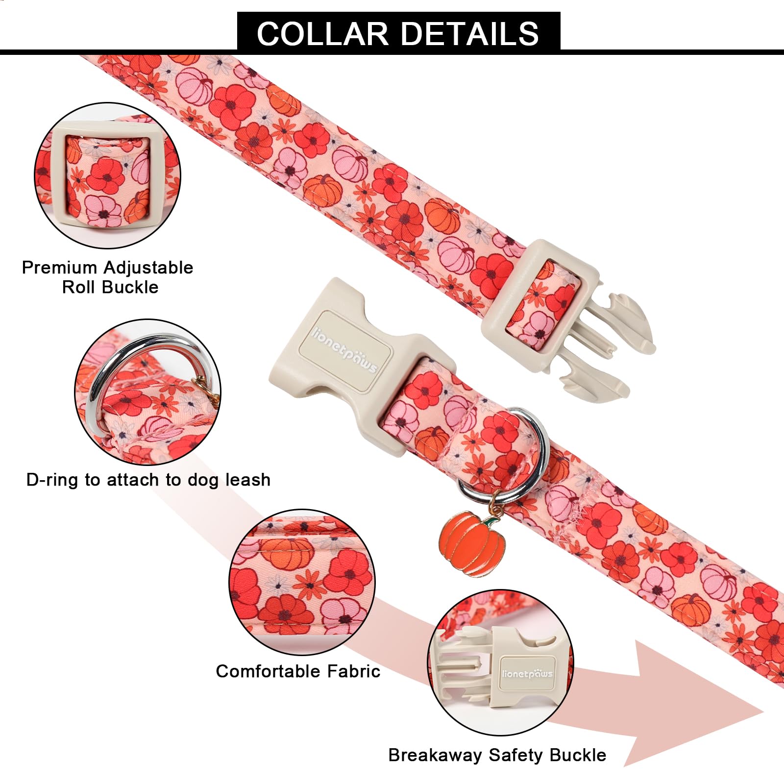 Lionet Paws Halloween Dog Collar- Cute Flower Pumpkin Peach Dog Collars with Plastic Buckle and Pumpkin Pendant,Light Adjustable Heliopsis Dog Collars for Small Medium Dogs - Image 3