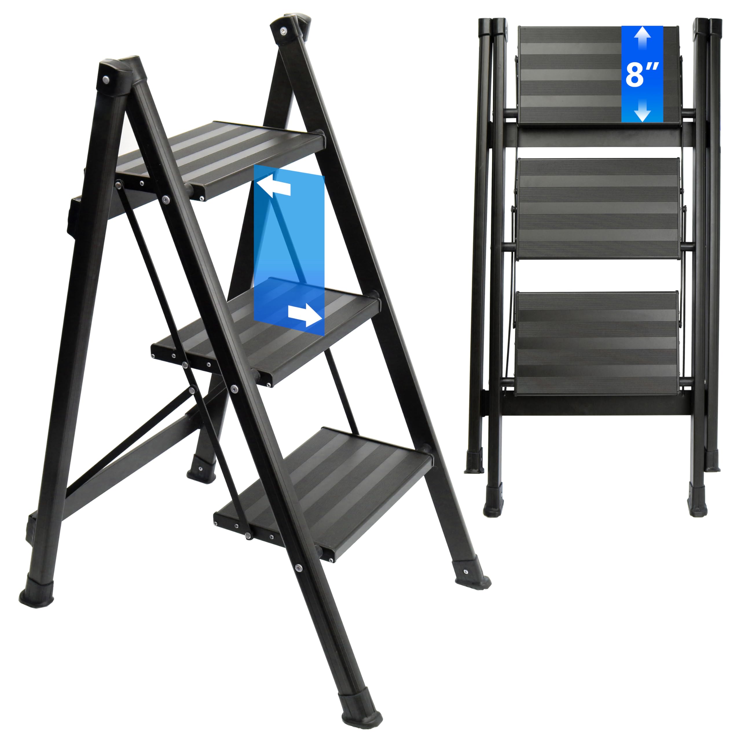 Aluminum Step Ladder 3 Step Folding Step Stool Ergonomically Slope Wide Anti-Slip Pedal, 350 Lbs Capacity Sturdy Stepping Ladder Stepladder for Home, Office, Kitchen