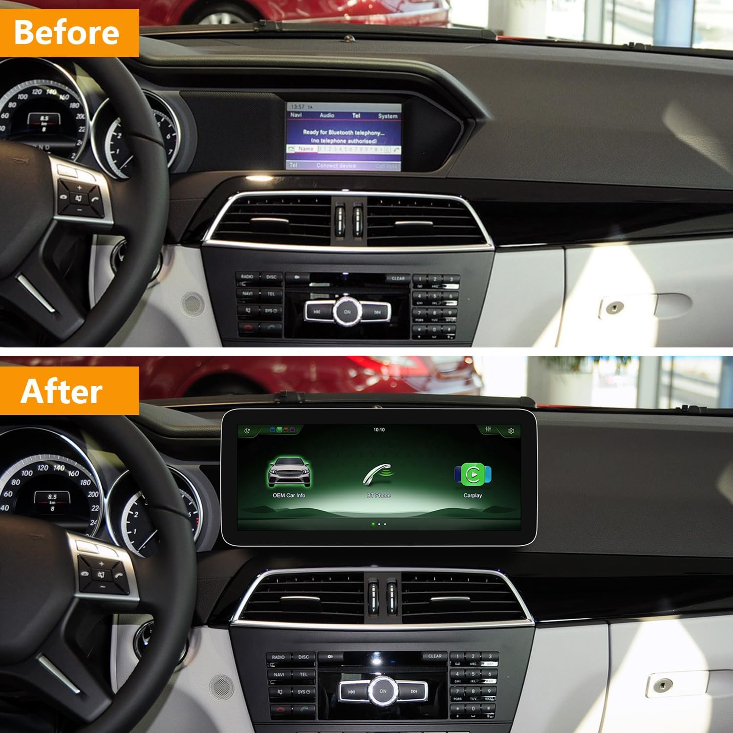 Before and after installation of the 12.3 inch screen in a Mercedes-Benz dashboard