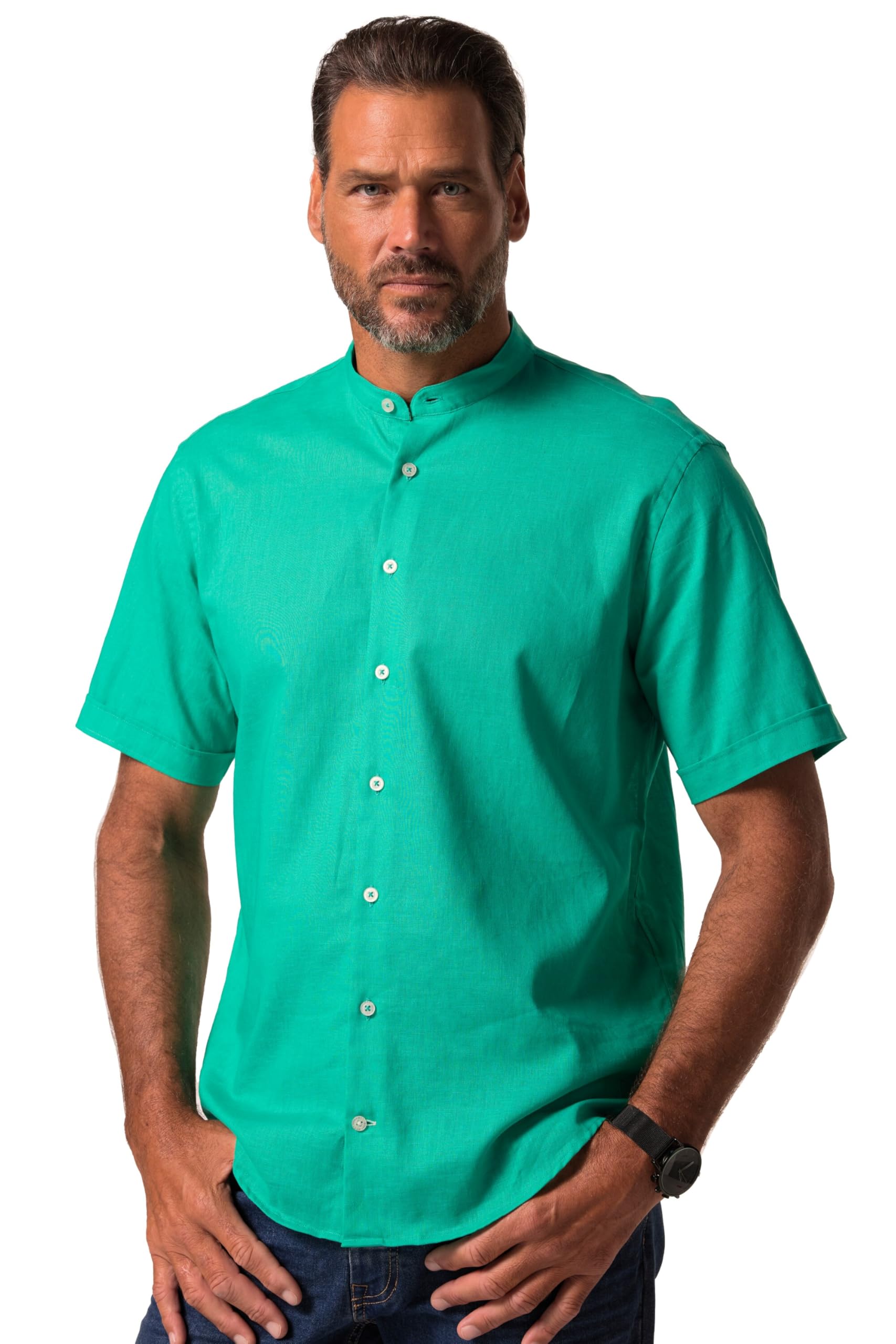 JP 1880 Herren, Halbarm, Leinenmix, Stehkragen, Modern Fit Hemd