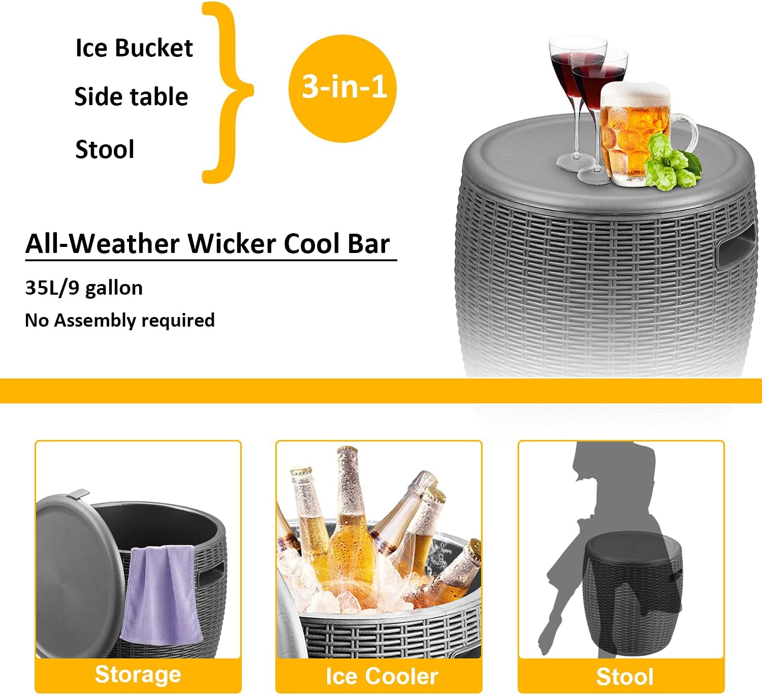 DOIT All-Weather Cool Wicker Bar Table Outdoor Coffee Table with Extra Storage Beer and Wine Cooler for Patio, Picnic, and Beach (Black, Classic): Kitchen & Dining