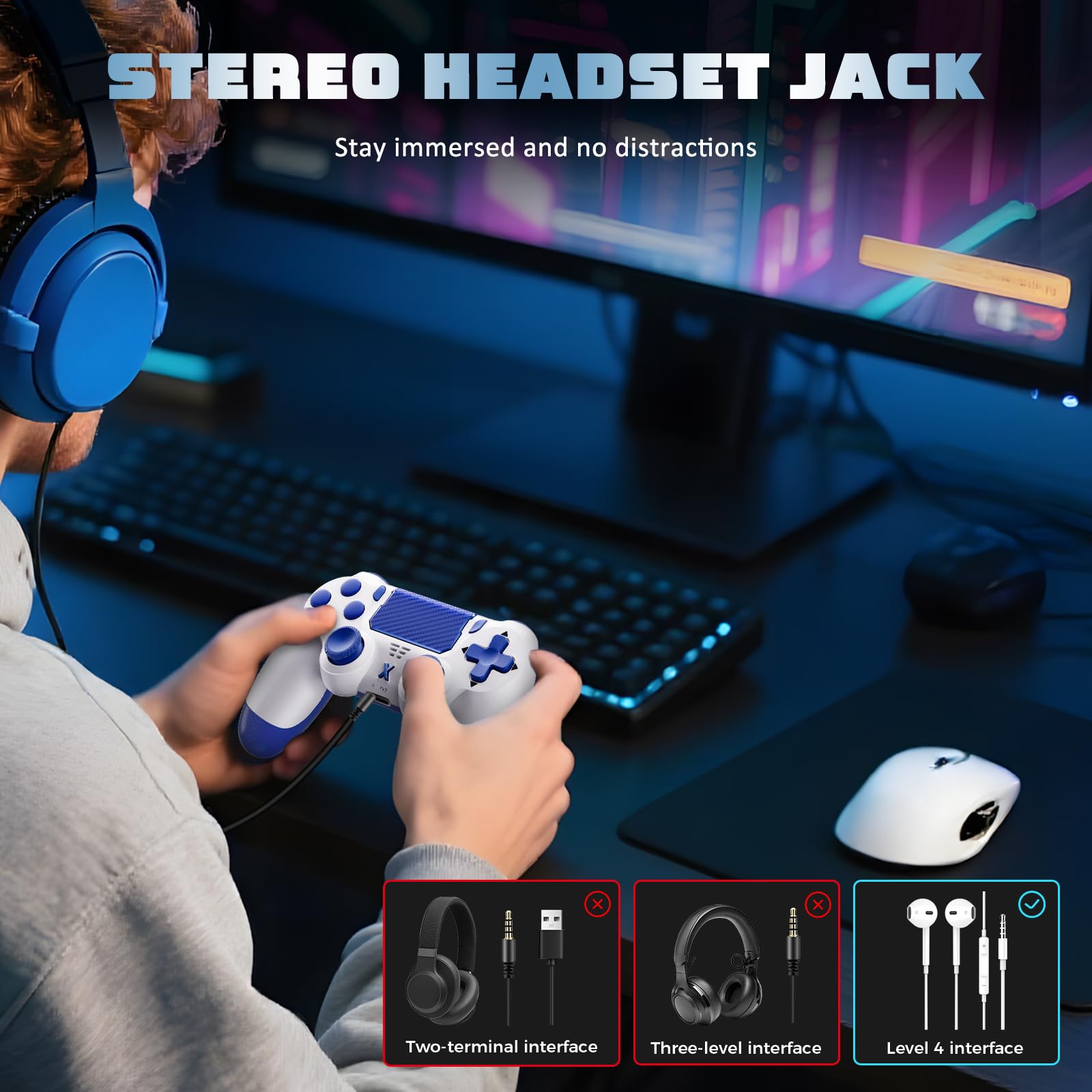Jeifhxu Wireless Controller for PS-4, Upgraded Controller Wireless for PS-4/Slim/PC, Bluetooth Gamepad Joystick with Dual Vibration/Touch Panel/ 3.5mm Audio Jack/Six-Axis/Ergonomic(Blue) — view 6