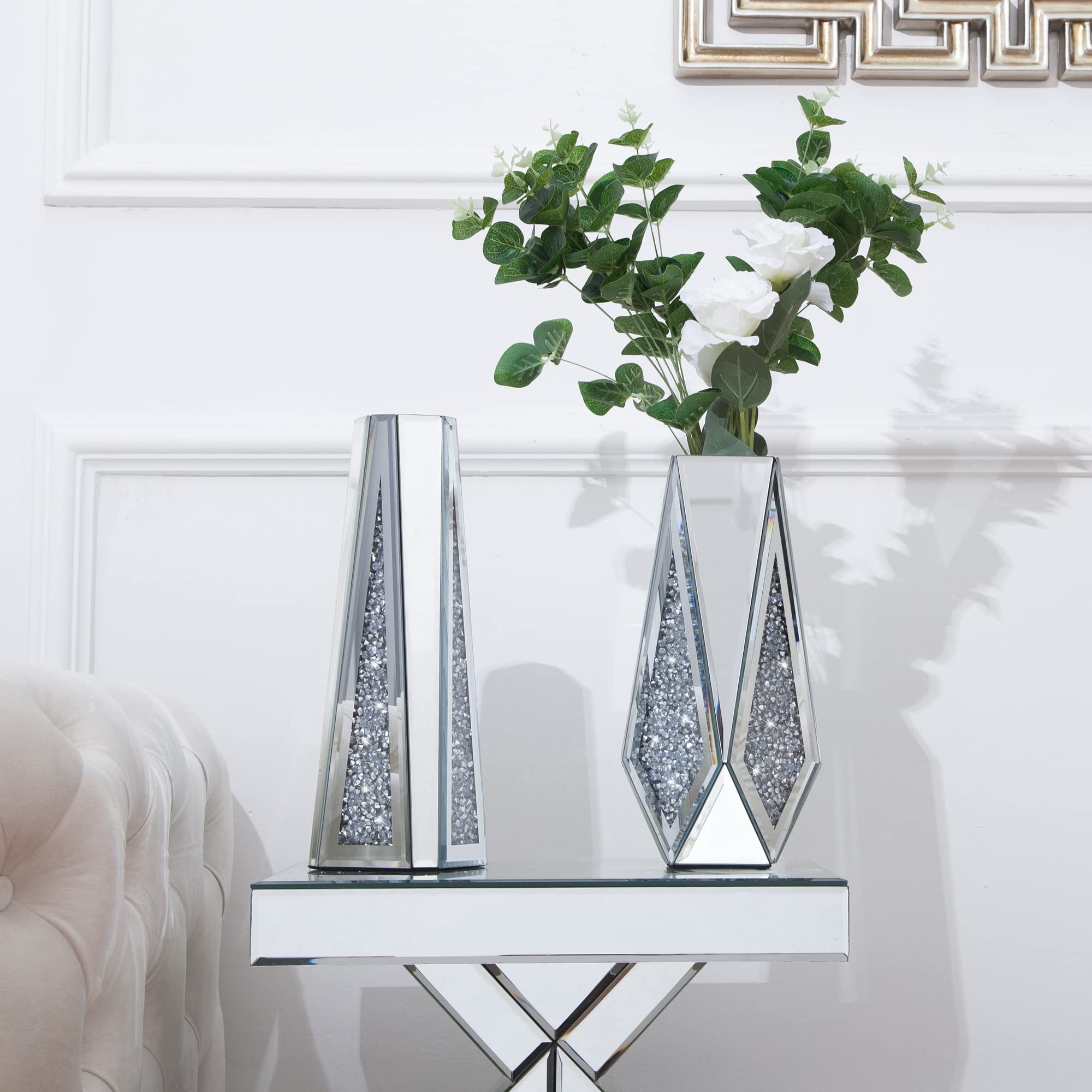 SHYFOY Vase Décoratif Grand en Verre, Miroir avec Incrustation de Diamants en Cristal, Luxe pour Décoration de la Maison, des Centres de Table, Argenté