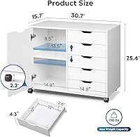 Vista 3 de DEVAISE Cómoda de madera de 5 cajones con puerta, gabinete de almacenamiento móvil, soporte de impresora para oficina en casa Blanco