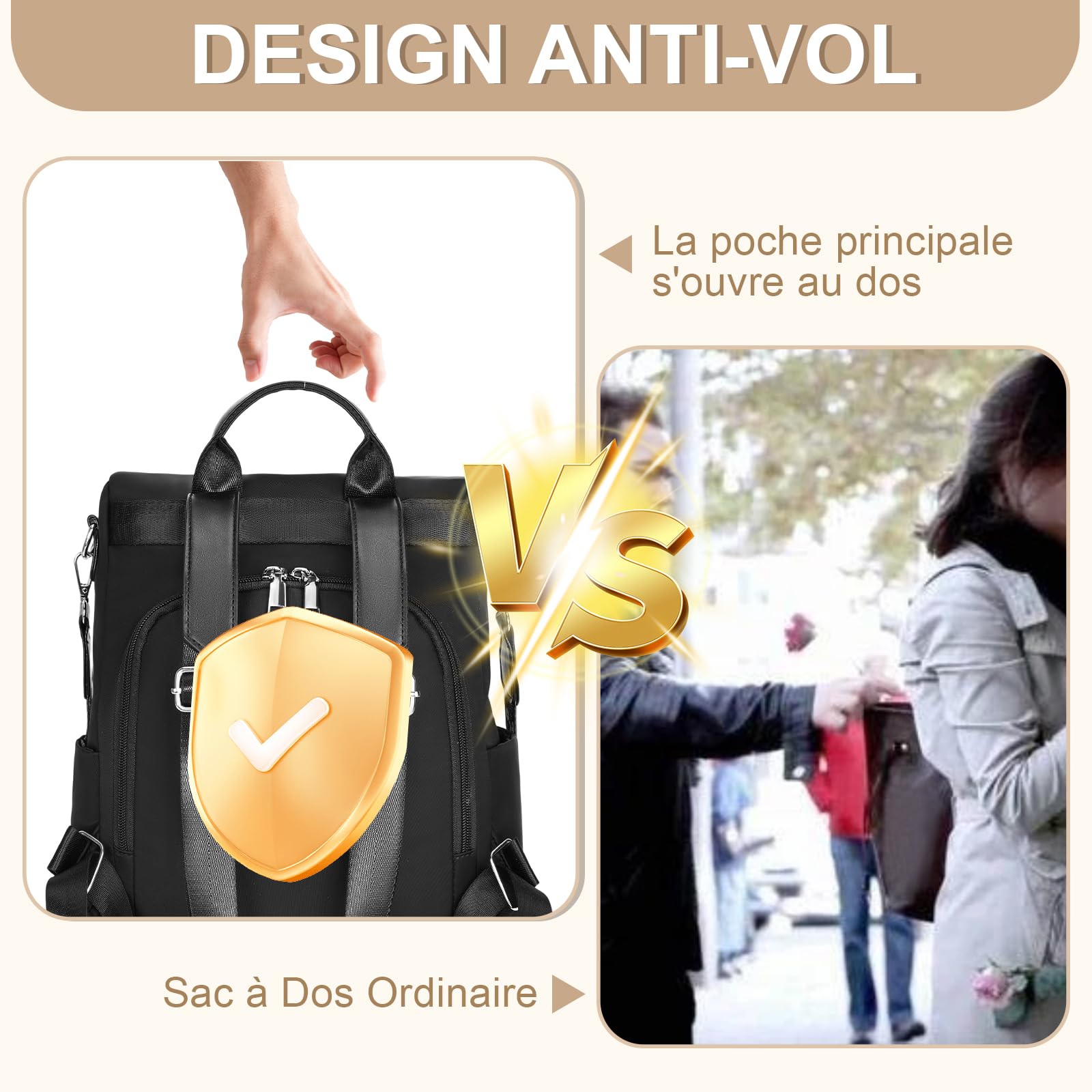 Eshow Sac à Dos Femme Antivol Nylon, Sacs à Main Portés Dos Femme, Petit Sac Bandoulière Fort Backpack Multifonctionnel Casual Léger pour Voyage L'école Travail Université Collège Noir