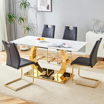 Ebullient 63 Marble Dining Table Set for 4, Table and Chairs Set of 4 with Gold Metal Base, 5 Piece Dining Table Set for Modern Dining Room Decorate, Dining Room Table Set for 4