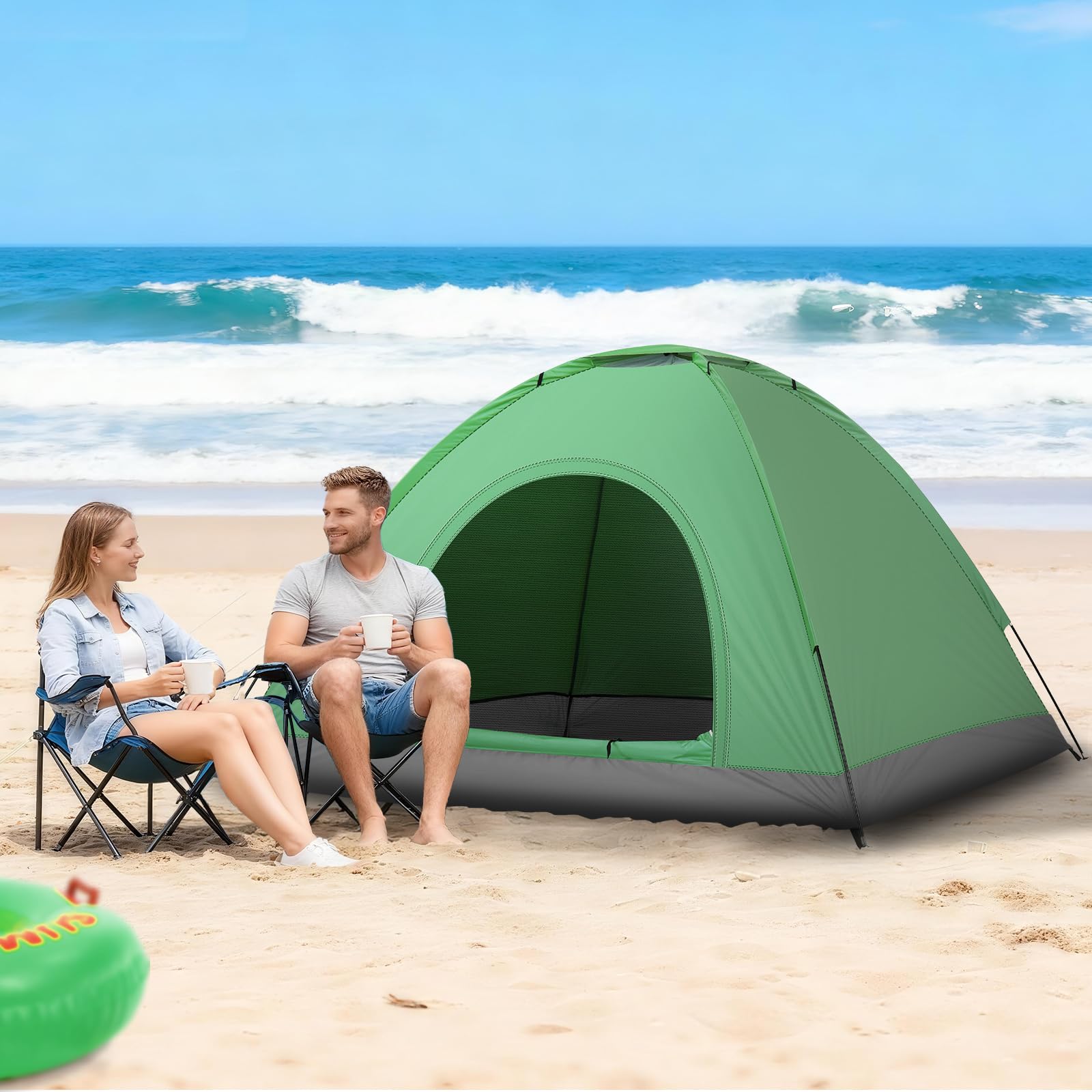LEADZM Tente de camping portable pour 3 à 4 personnes, imperméable, coupe-vent, protection UV, structure en fibre de verre, idéale pour le camping, les pique-niques, bleu