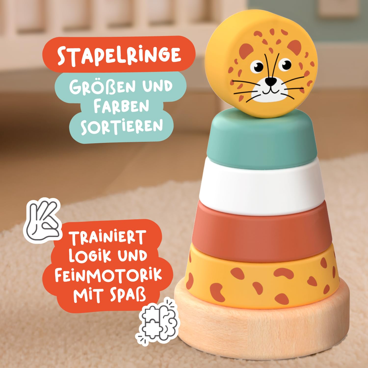 Nene Toys Spielzeug ab 1 Jahr – Montessori Baby Holzspielzeug 4-in-1 Set mit Klangbausteinen, Regenmacher, Stapelturm & Giraffe-Labyrinth – Holzbausteine Motorikspielzeug – Geschenk Junge Mädchen