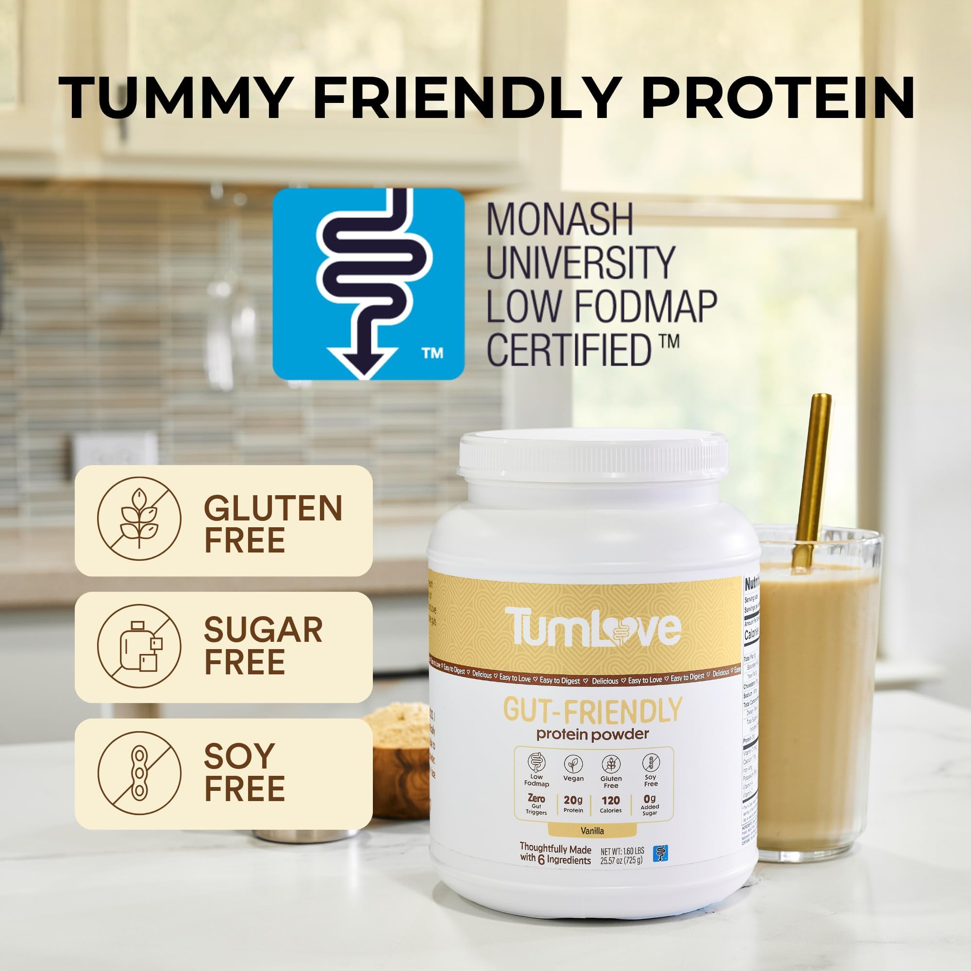 TumLove Vegan Protein Powder - Low FODMAP Certified, Gluten-Free, Dairy-Free, Soy-Free, 100% Gut-Friendly & Non-Bloating, Vanilla (25 Servings) — Amazon image 2