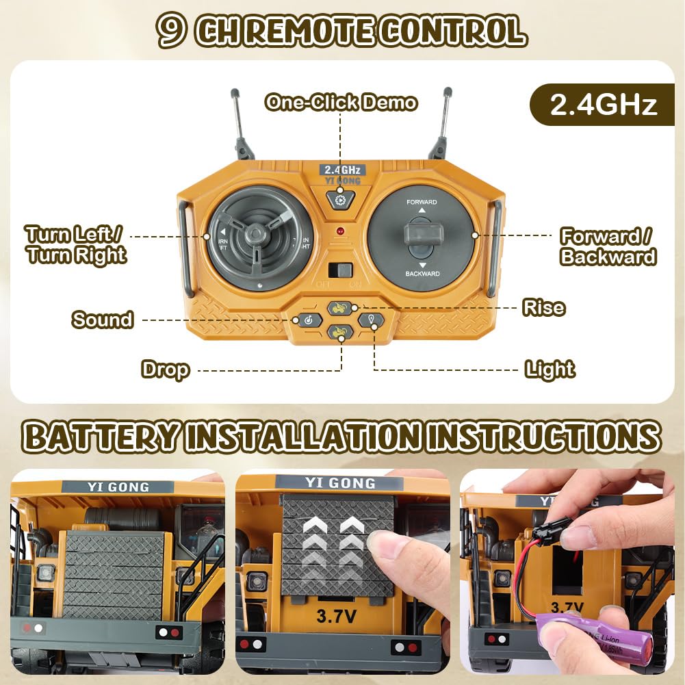 Aolso Camion-Benne Télécommandé, Véhicule de Construction RC pour Enfants, Jouet Tracteur RC 2,4 GHz avec Lumière et Son, 9 Canaux Camion Benne Jouet, pour 3+Ans, Cadeau de Noël et d'anniversaire