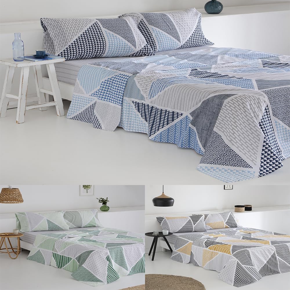 COTTON ARTean Juego de sabanas Cama de 150 Algodón poliéster GEKA Azul | Incluye 4 piezas: encimera, bajera ajustable, 2 fundas de almohada. Certificado OEKO-TEX