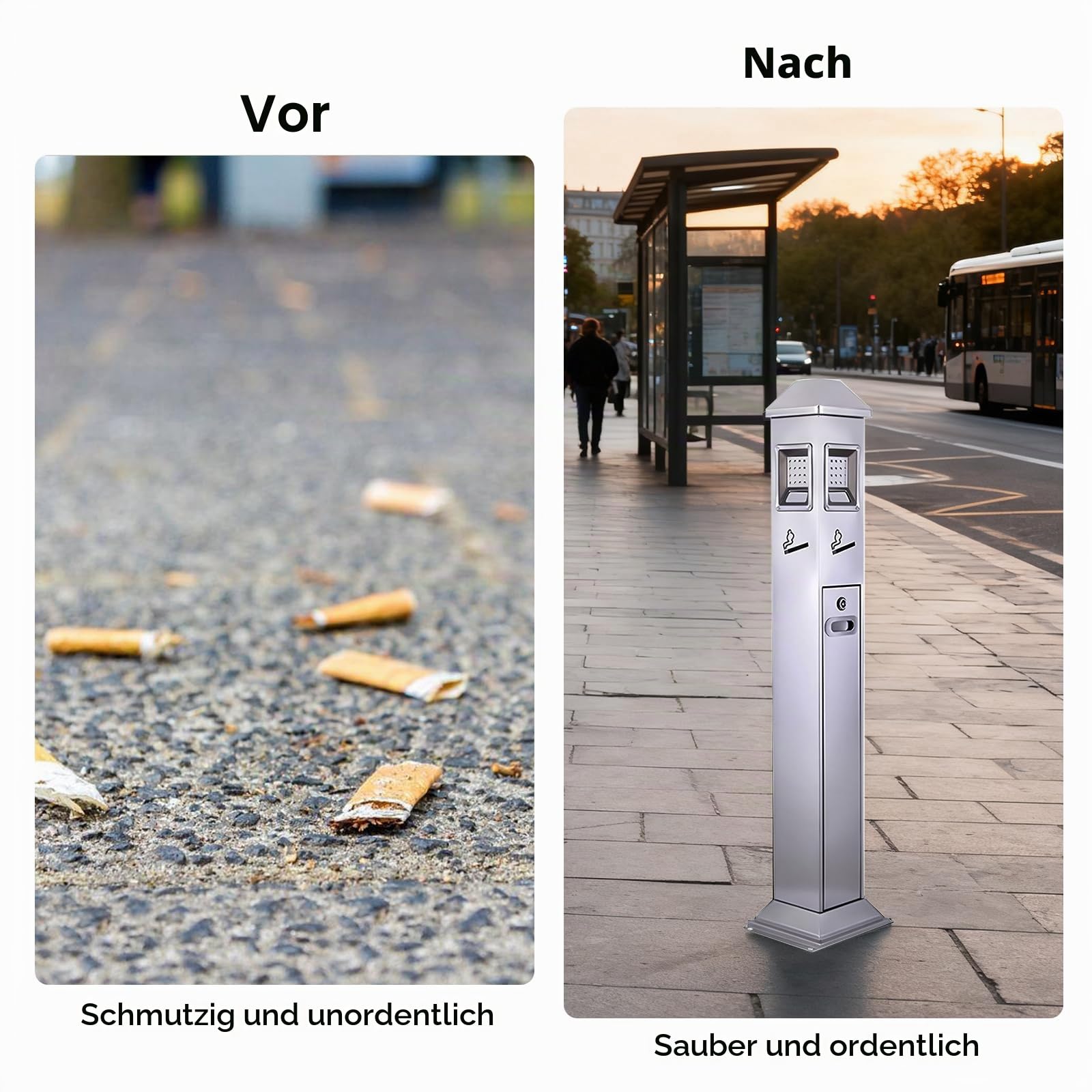 1,2M Aschenbecher für Draussen,Standaschenbecher mit Schlüssel,Edelstahl rutschfester Boden, Geeignet für zu Hause,Bars, Terrasse, Restaurant (Silber)