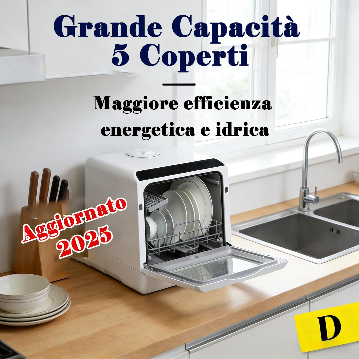 YU YUSING Mini Lavastoviglie Piccola 45 cm 5 Coperti, 5+1 Programmi, Asciugatura PTC, con o senza Alimentazione Idrica, Lavastoviglie Portatile, Serbatoio da 5L, Display LED, Bianco e Nero